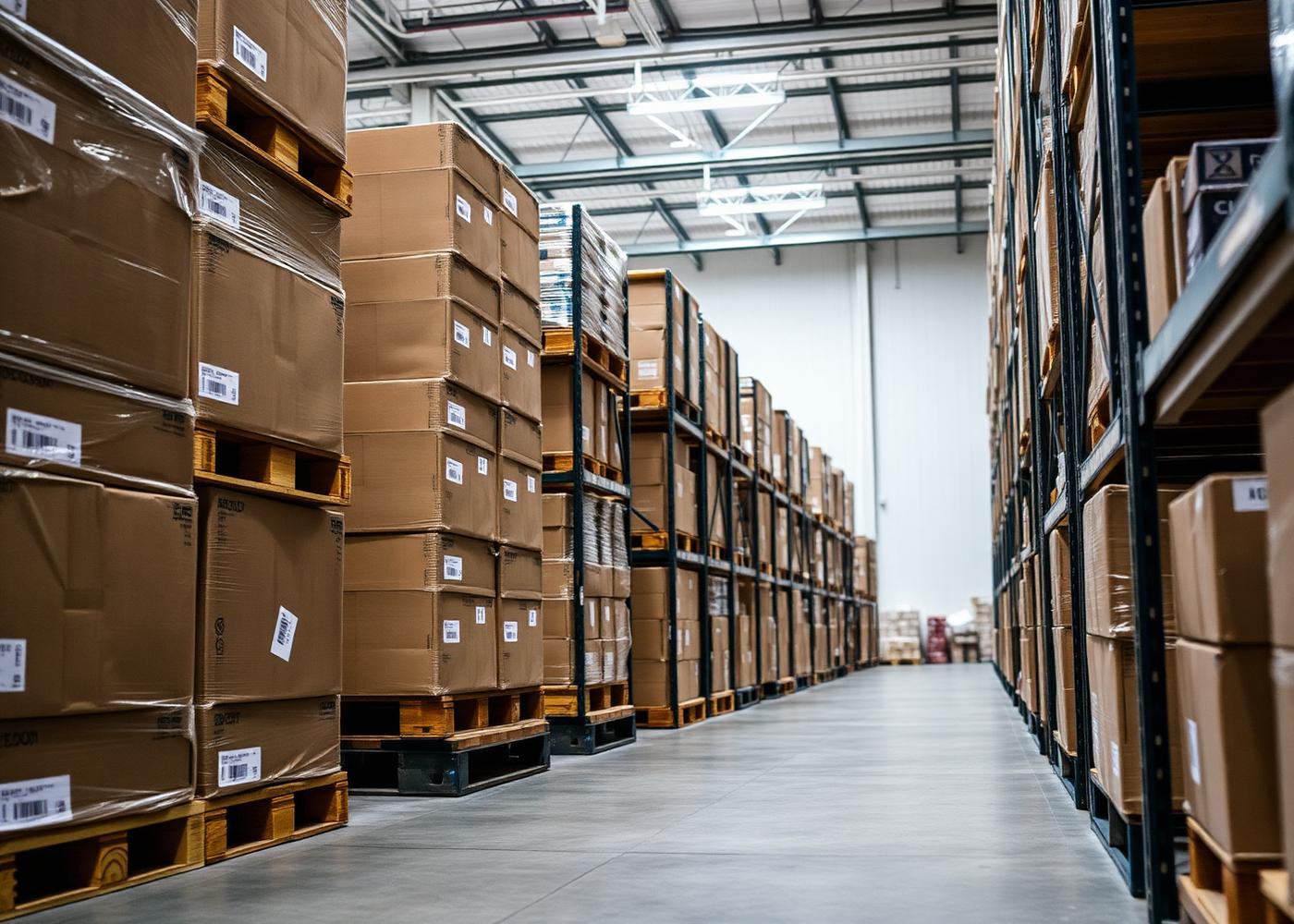 Organized warehouse aisle with pallets of wholesale inventory