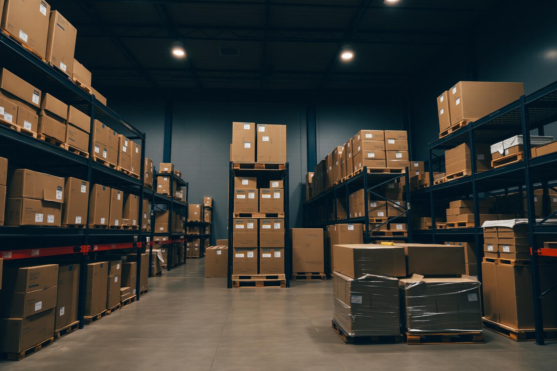 Commercial distribution warehouse with organized shelving and inventory
